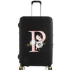 Black luggage with a pink floral design on the side.