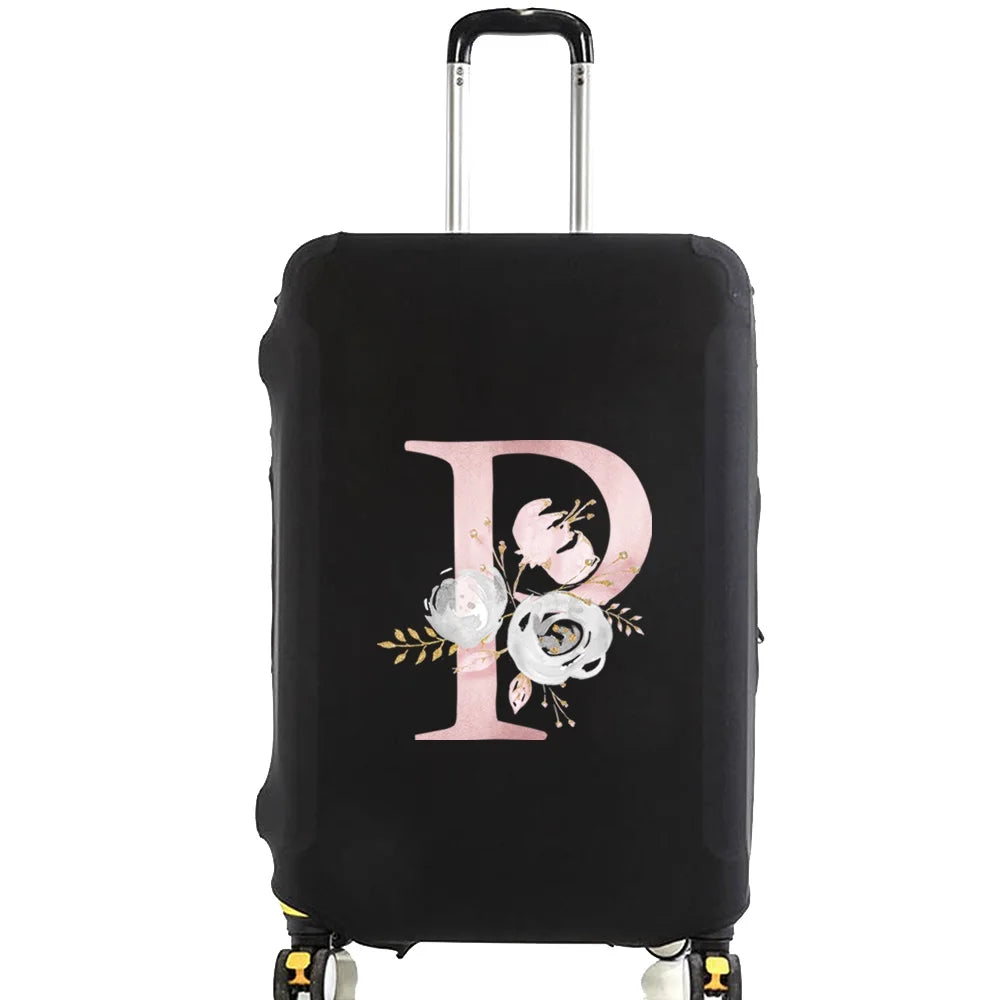 Black luggage with a pink floral design on the side.
