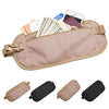 A beige invisible waist pack for travel and security, shown with various cards and documents.