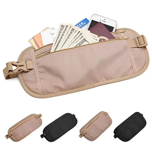 A beige invisible waist pack for travel and security, shown with various cards and documents.