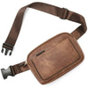 A brown PU leather crossbody waist bag with a strap and flap shown from above.