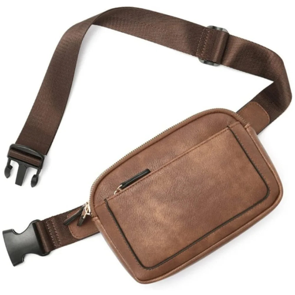 A brown PU leather crossbody waist bag with a strap and flap shown from above.