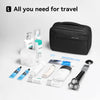 A black travel toiletry organizer bag for men with various grooming and travel items displayed on a white background.