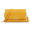 A yellow leather women's multi-card shoulder wallet with gold hardware.