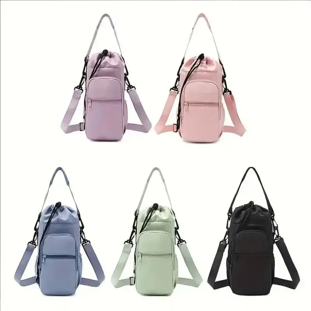 A set of four pink and black insulated water bottle crossbody bags shown from the front.