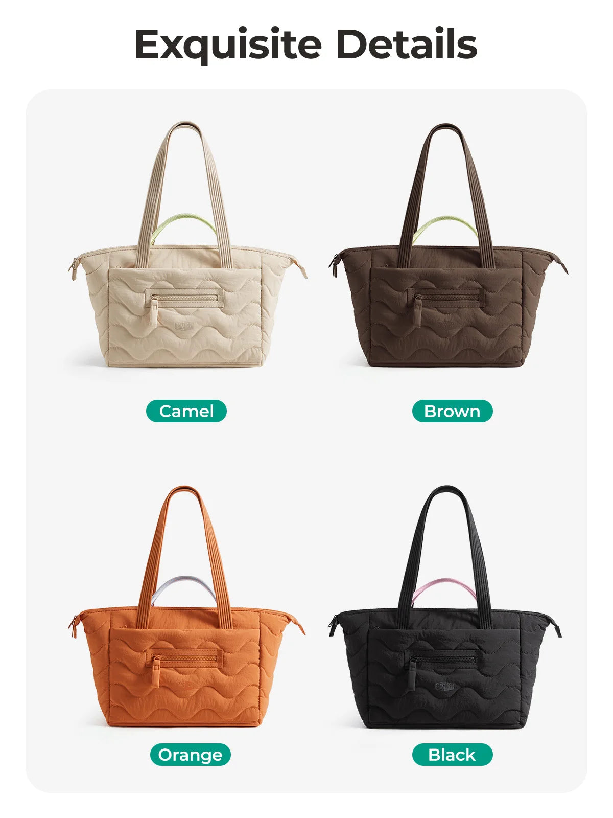Four quilted tote bags in camel, brown, orange, and black colors displayed side by side.
