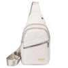 A cream quilted crossbody sling bag with a silver zipper and matching strap.