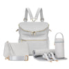 A light gray large capacity diaper bag backpack with gold zippers and a matching storage pouch.