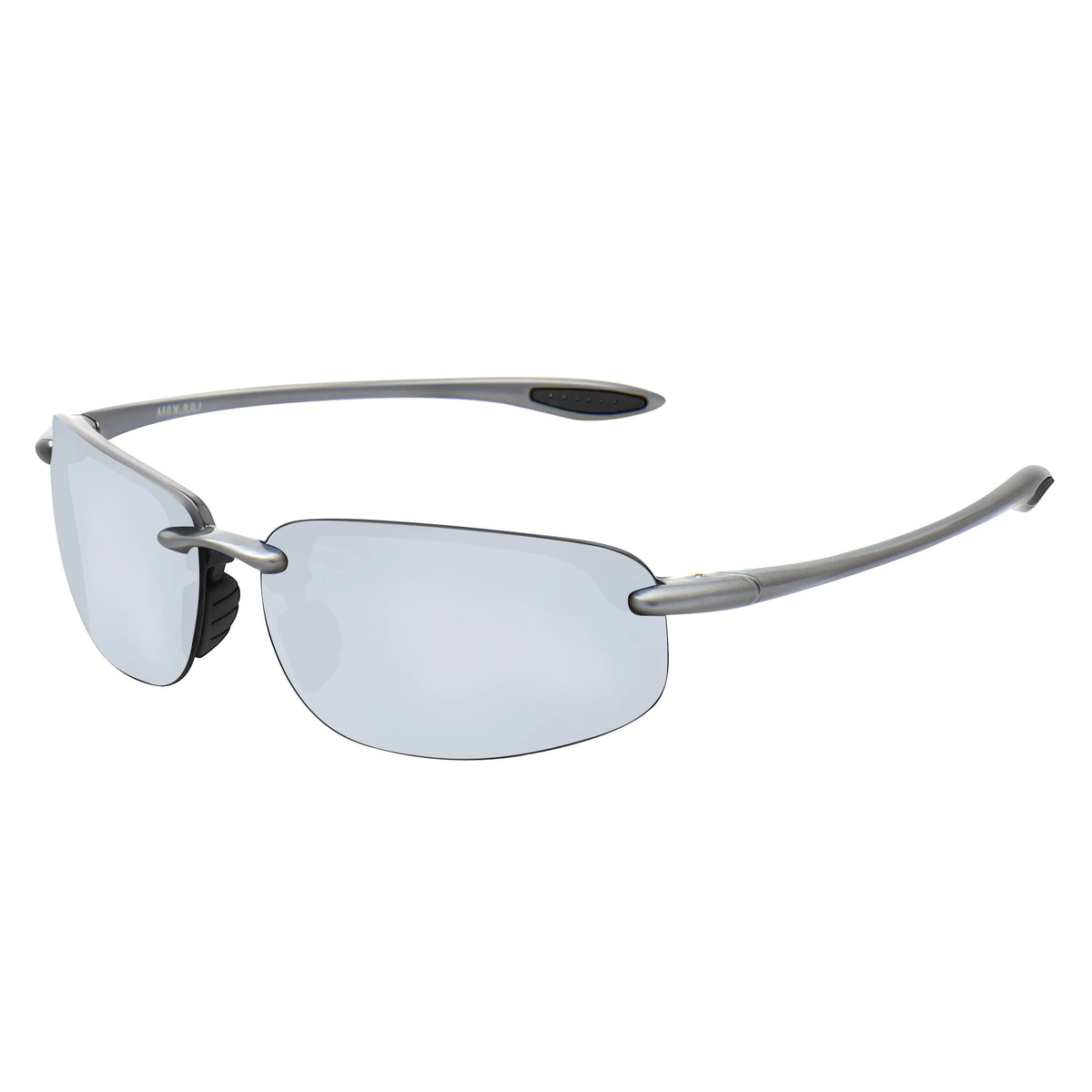 Rimless polarized sports sunglasses with silver frames and clear lenses