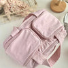 A light pink multipocket travel toiletry bag with zipper details is shown on a white surface.