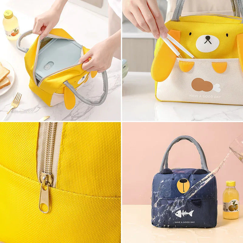 Yellow insulated thermal picnic lunch bag for kids shown in various uses and close-ups.