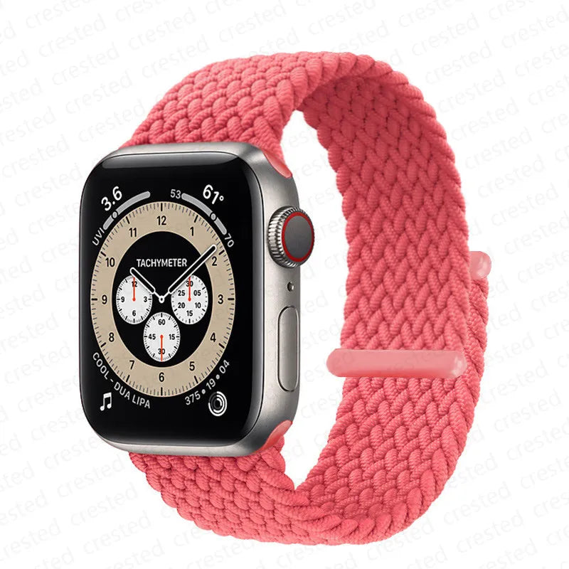 A pink braided stretch band is shown alongside an Apple Watch.