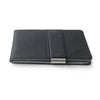 A black slim leather bi-fold wallet with a silver money clip.