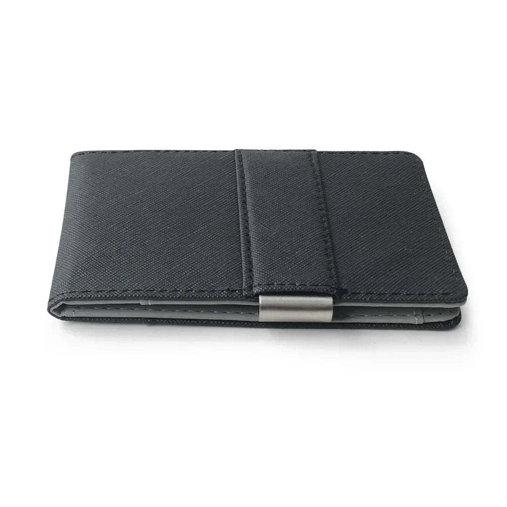 A black slim leather bi-fold wallet with a silver money clip.