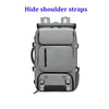 A gray travel backpack with hidden shoulder straps and multiple compartments.