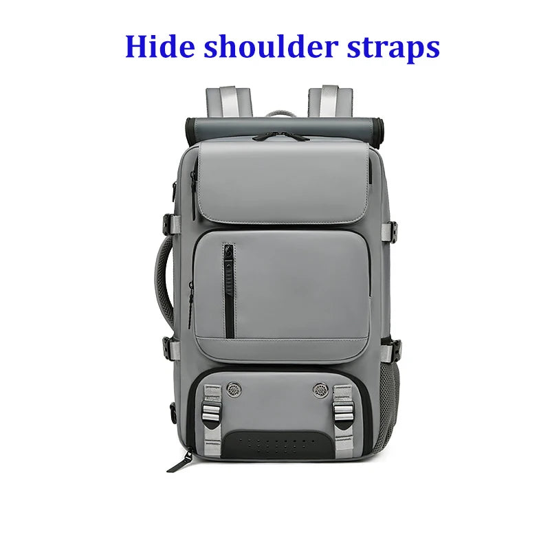 A gray travel backpack with hidden shoulder straps and multiple compartments.