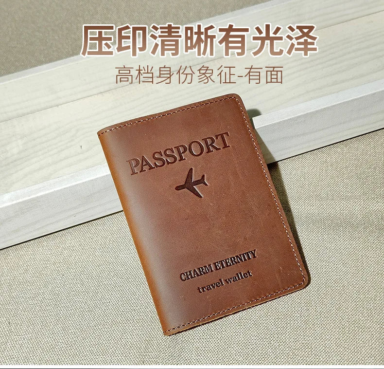 A brown genuine leather passport holder and travel wallet with a leather cover and an embossed airplane design.