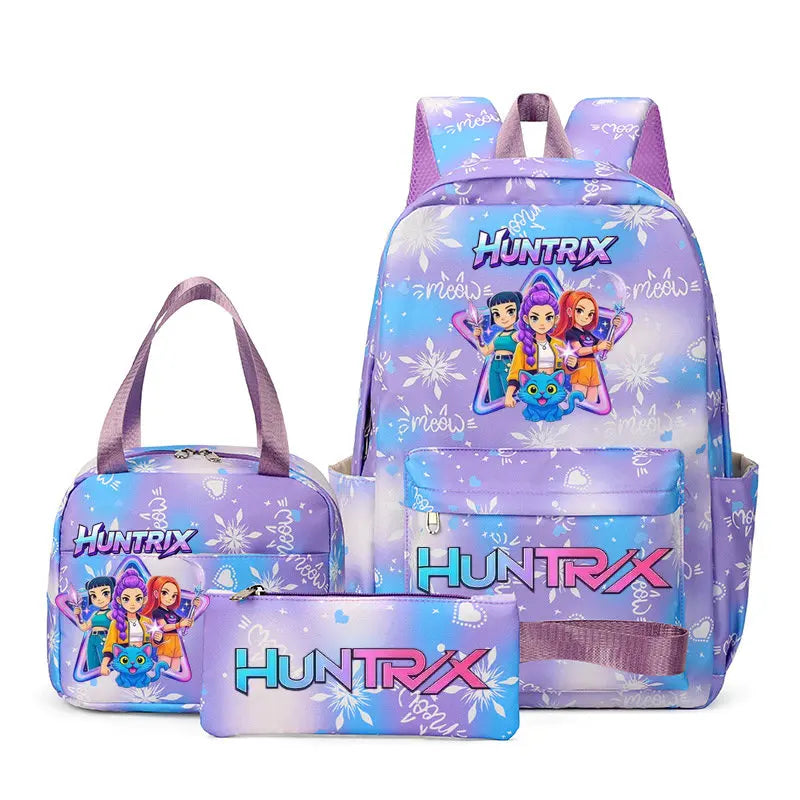 A purple multi-compartment backpack set featuring a main backpack and a separate pouch.