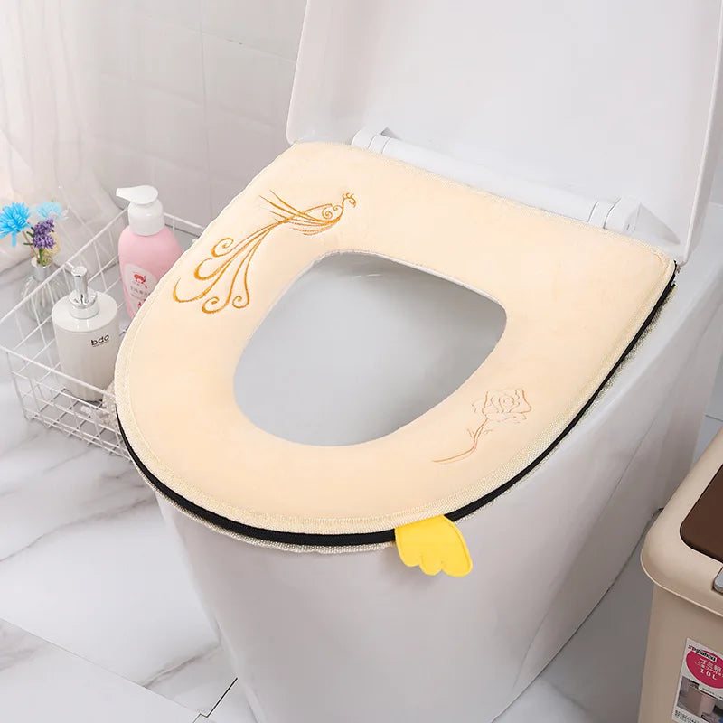A beige plush waterproof toilet seat cover is shown placed inside a white toilet bowl.
