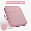 Manga de tela resistente a salpicaduras de color rosa para tableta o portátil, mostrando el material Oxford.