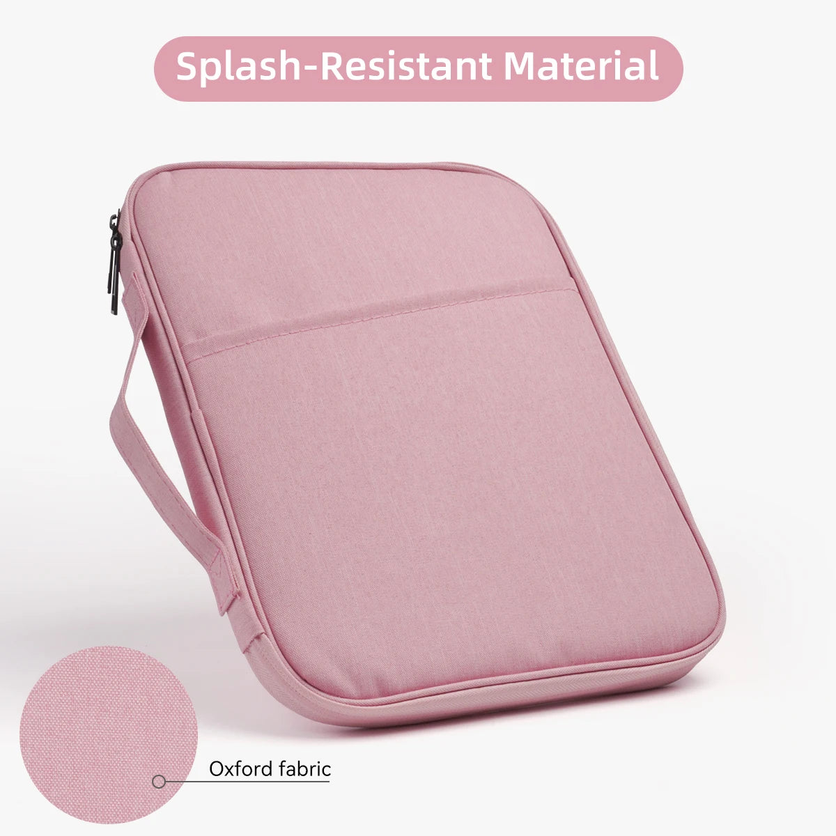 Manga de tela resistente a salpicaduras de color rosa para tableta o portátil, mostrando el material Oxford.