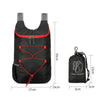 Black multifunctional outdoor folding backpack shown with dimensions.