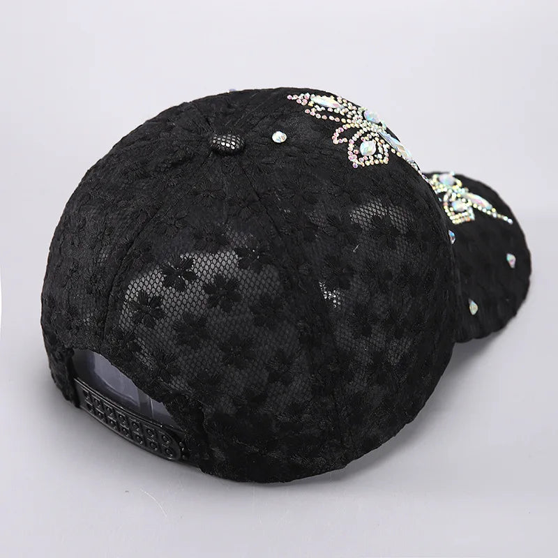 Black mesh snapback baseball cap decorated with floral sequins