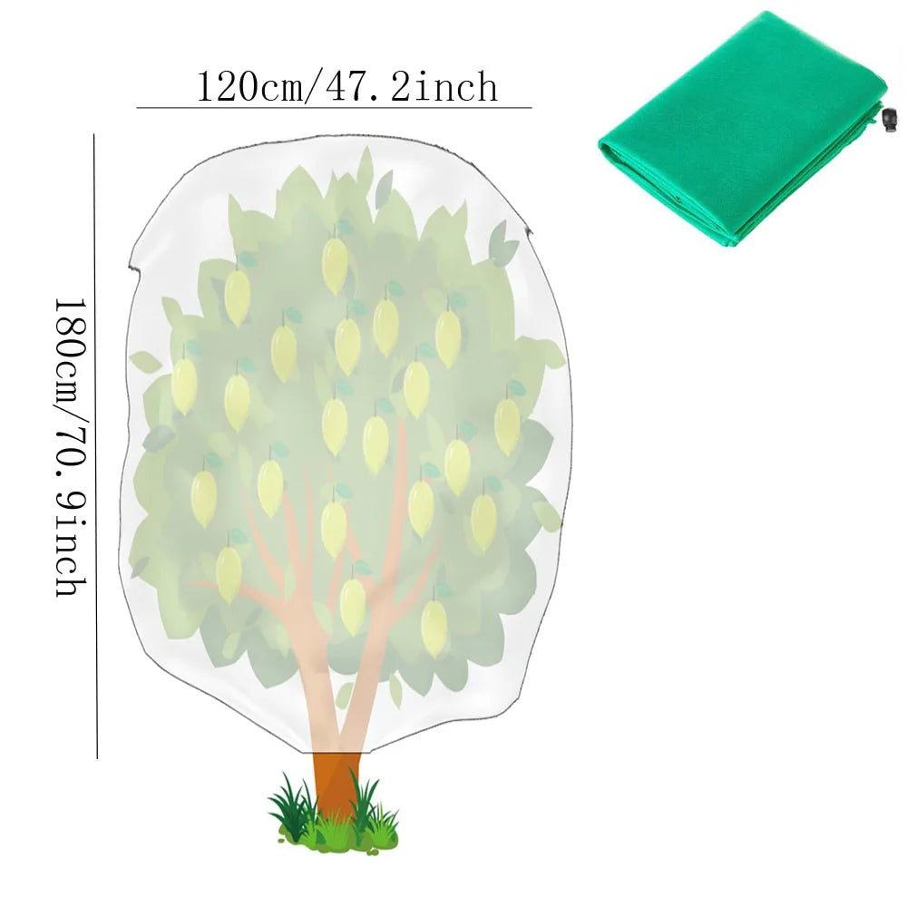 A green plant protection cover with a zipper and drawstring, shaped like a tree, shown next to its folded green fabric.