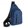 A dark blue water-resistant casual chest bag with a black strap and zippered pockets.