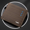 A brown leather men's stripe multi-function wallet with blue accents shown diagonally on a dark background.