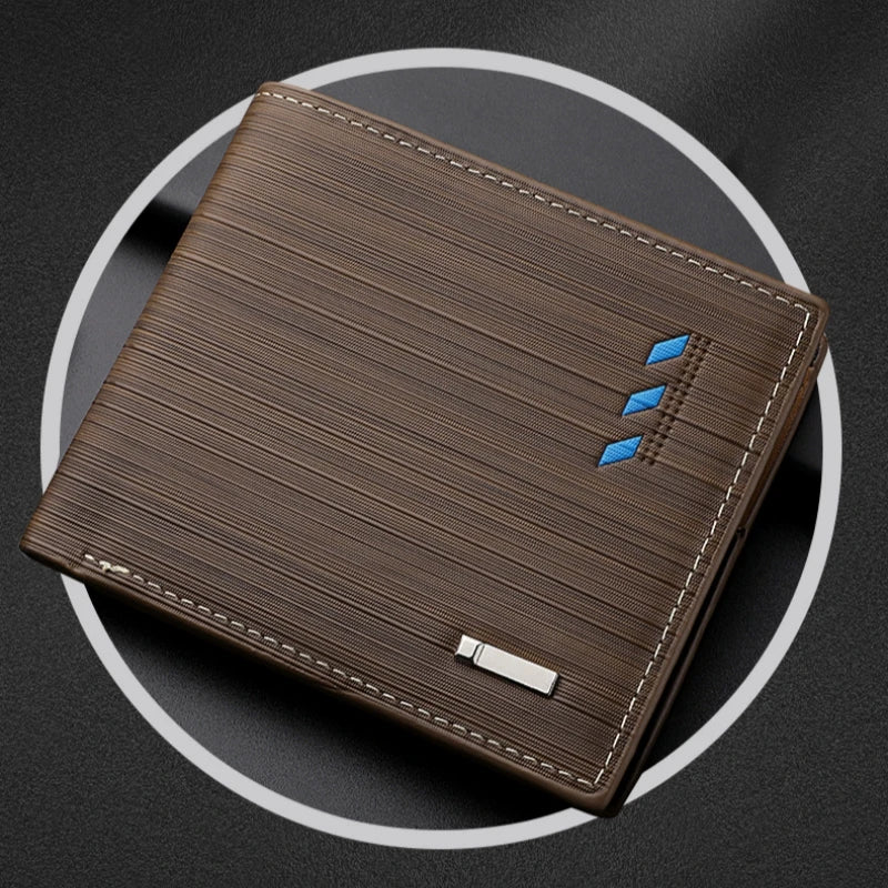 A brown leather men's stripe multi-function wallet with blue accents shown diagonally on a dark background.