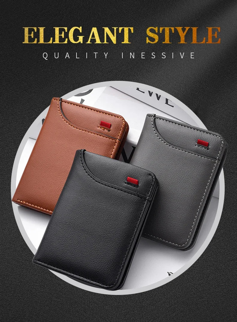 A close-up of a brown and gray slim bi-fold wallet displayed on a white background.