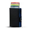 Black carbon fiber RFID pop-up card holder displaying various cards.