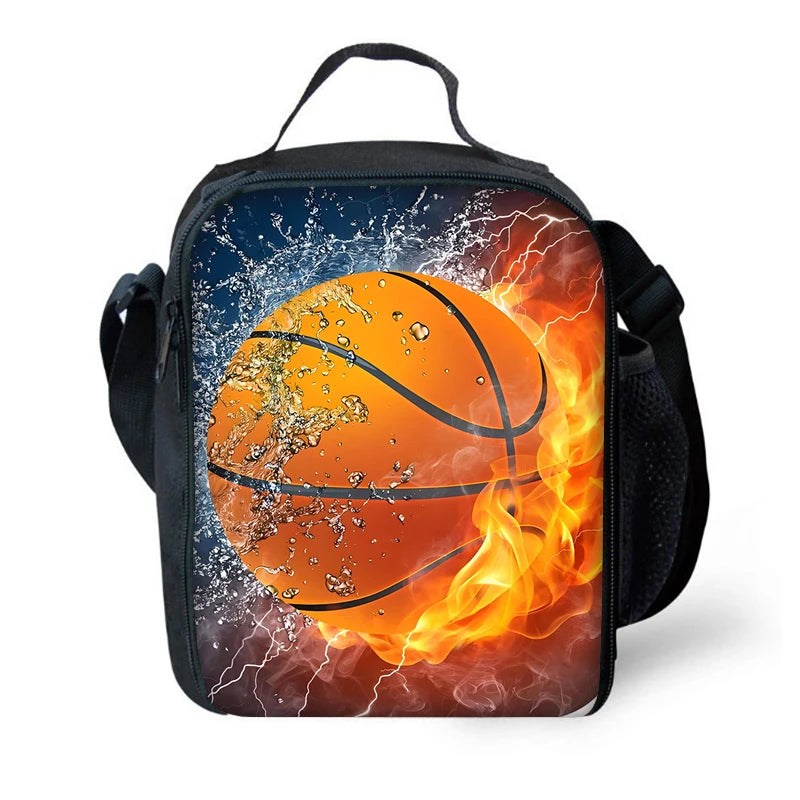 A black backpack featuring a graphic of a basketball engulfed in bright orange and yellow flames with lightning effects.