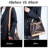Before and after comparison showing a genuine leather replacement shoulder strap for handbags on a coat.