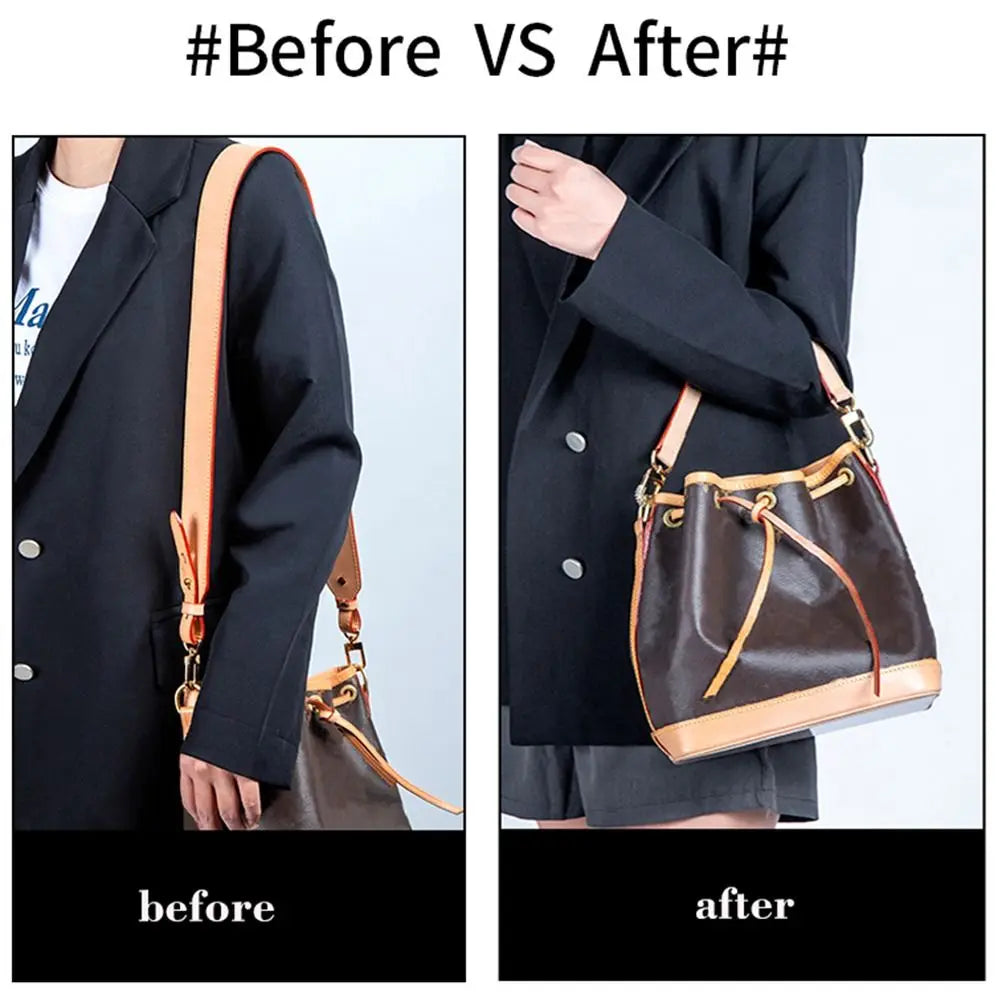 Before and after comparison showing a genuine leather replacement shoulder strap for handbags on a coat.