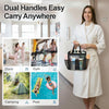 A woman holds a portable mesh shower caddy with handles in a white robe, demonstrating its easy carry.