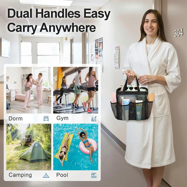 A woman holds a portable mesh shower caddy with handles in a white robe, demonstrating its easy carry.