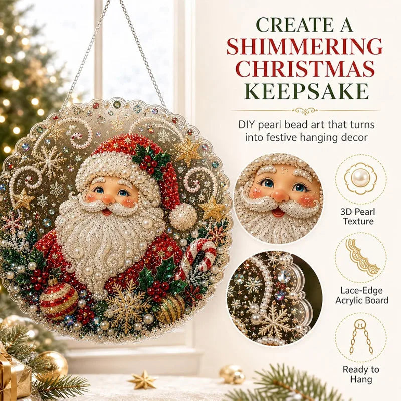 DIY pearl bead art Christmas keepsake hanging decor featuring Santa and festive holiday elements