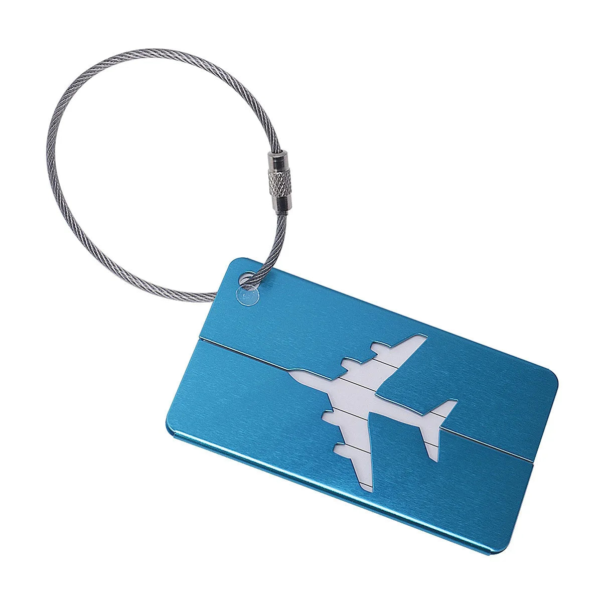 A blue aluminum luggage tag with a white airplane silhouette attached to a silver cord.