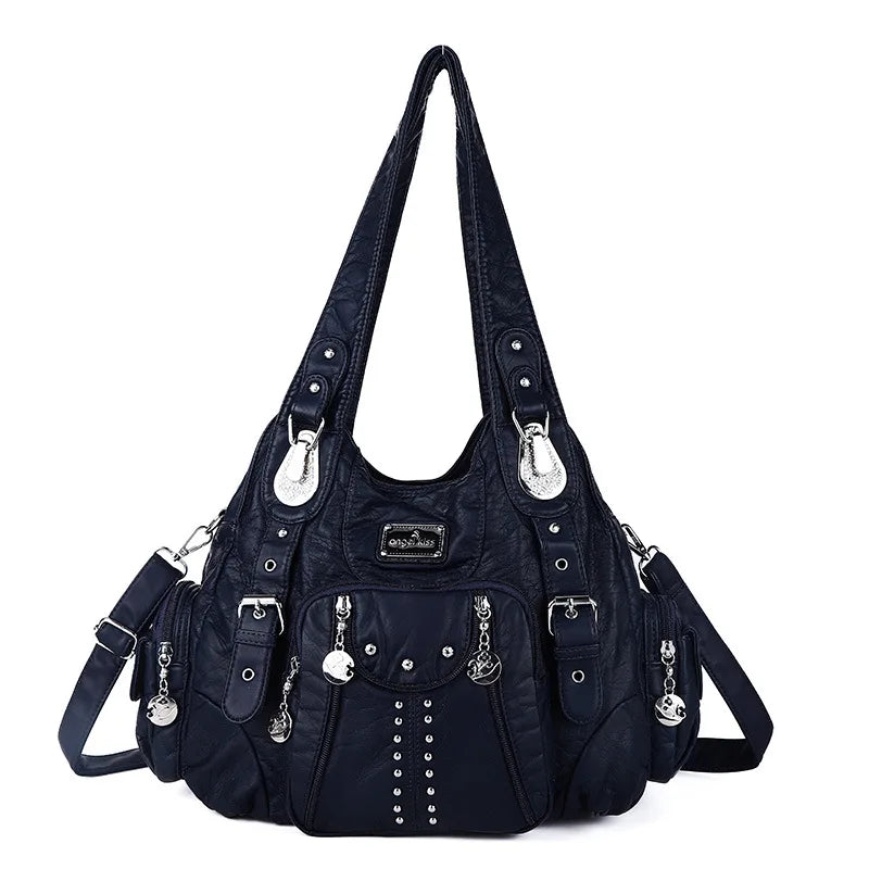 A dark navy vintage PU leather hobo shoulder bag with silver hardware.