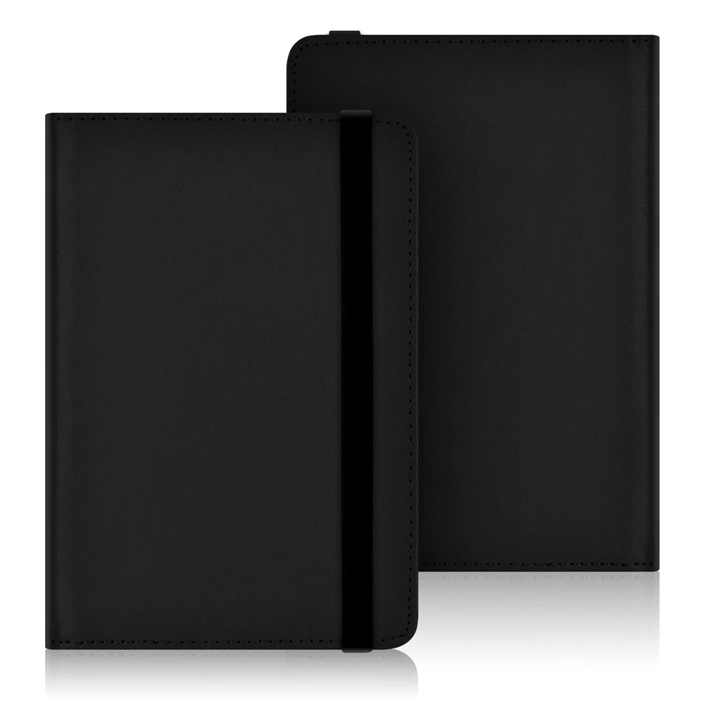 A black universal e-book cover with a protective strap shown next to a larger black cover.