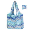A light blue and gray geometric print foldable tote bag shown in various folds.