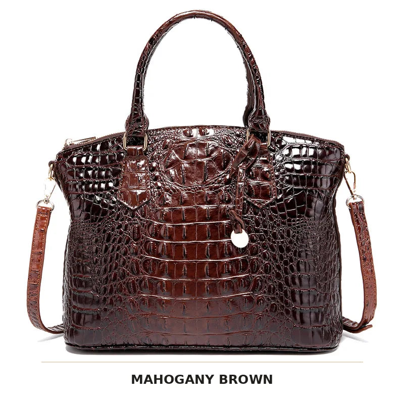 Dunkelbraune Krokodilmuster-Top-Handtasche mit Quastegurt.