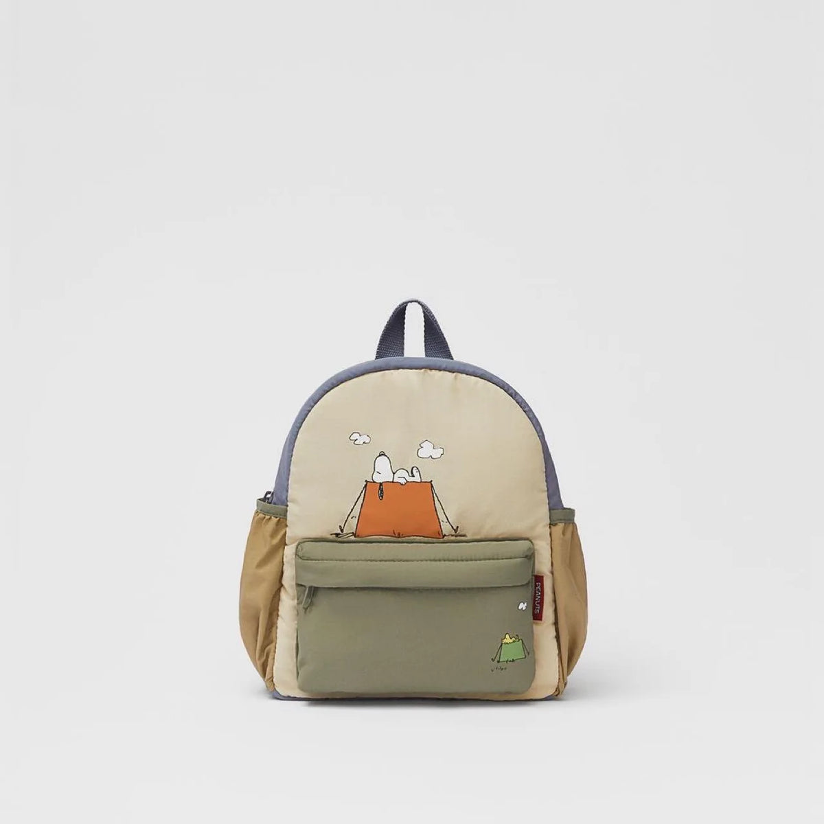 A beige canvas shoulder bag featuring a Snoopy cartoon design and a gray strap.