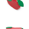 Red apple shaped coin purse keychain with green accents and white earbuds.