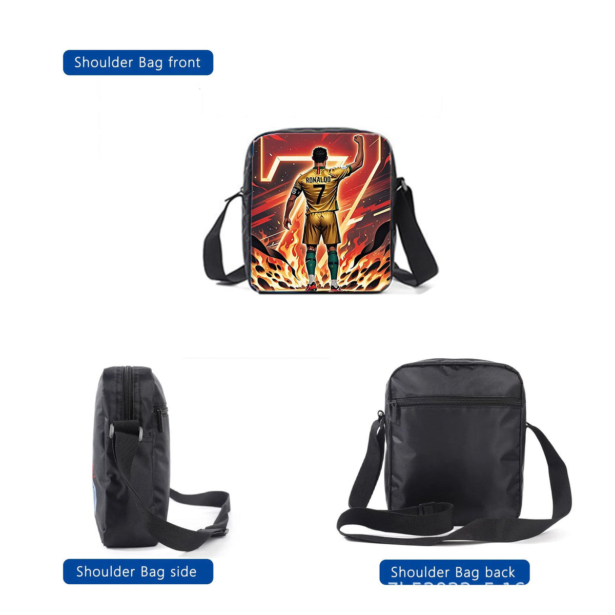 A set of black and red football star backpacks shown from the front and side views.