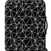 A black suitcase with a white geometric pattern, shown from the front.