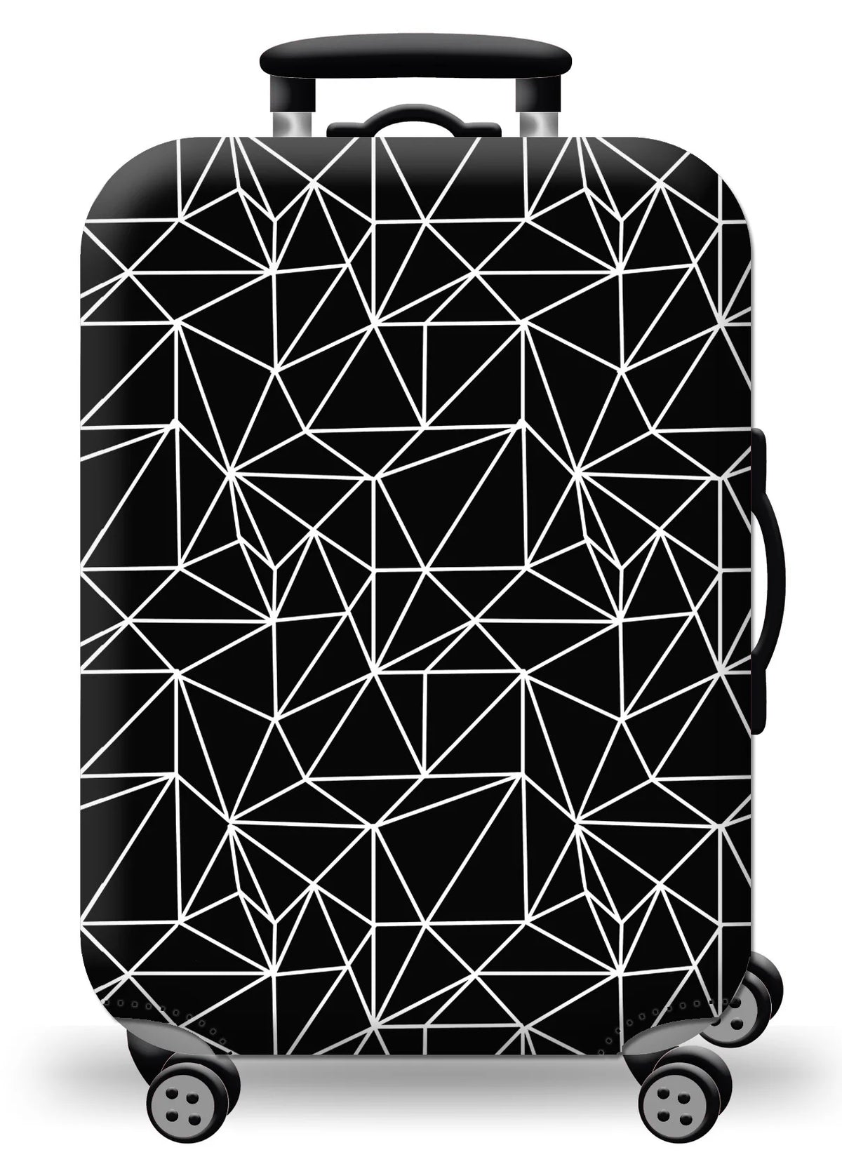 A black suitcase with a white geometric pattern, shown from the front.