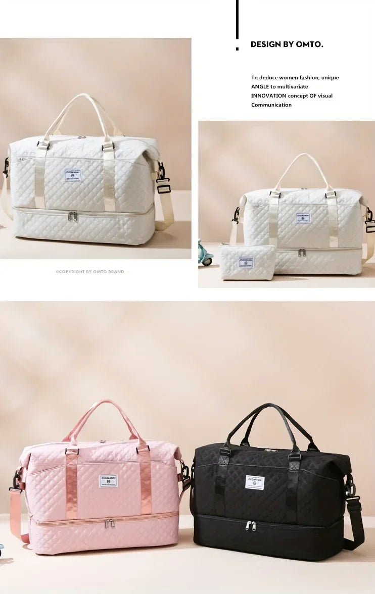 A collection of travel duffel bags in white, pink, and black featuring various sizes and materials.